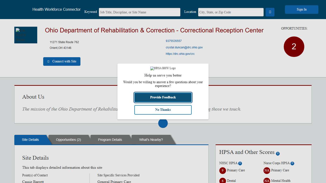 Health Workforce Connector - Site Profile Page